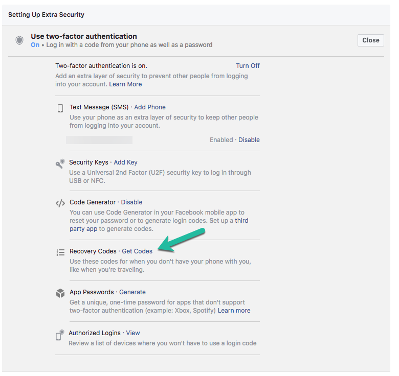 Facebook Recovery code